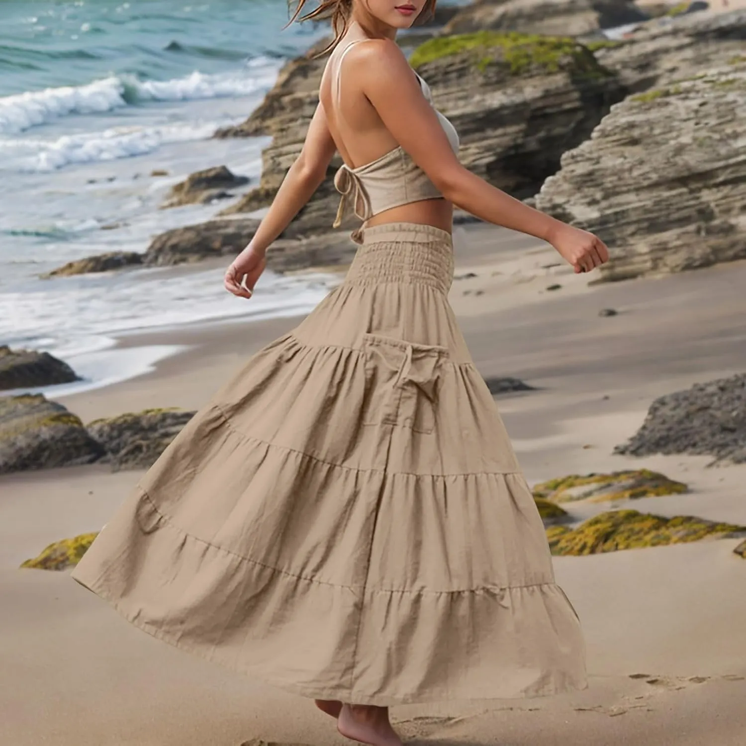 2025 Summer Womens Boho Maxi Skirts Casual Loose Pleated Long Skirts with Pockets Fashion Stretch Ruffle A Line Skirt
