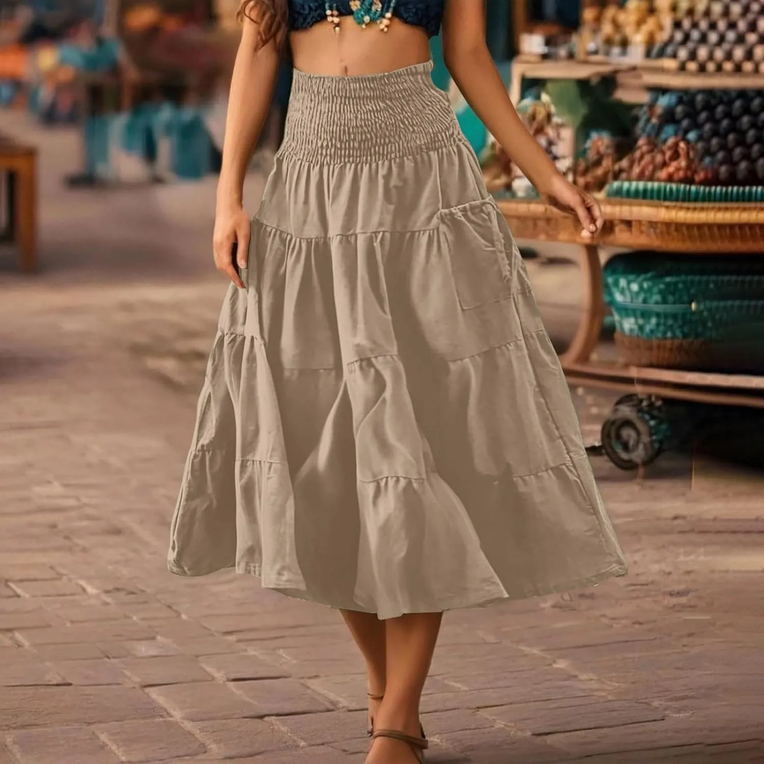 2025 Summer Womens Boho Maxi Skirts Casual Loose Pleated Long Skirts with Pockets Fashion Stretch Ruffle A Line Skirt