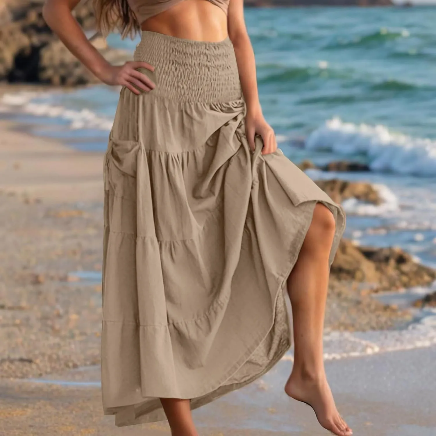 2025 Summer Womens Boho Maxi Skirts Casual Loose Pleated Long Skirts with Pockets Fashion Stretch Ruffle A Line Skirt