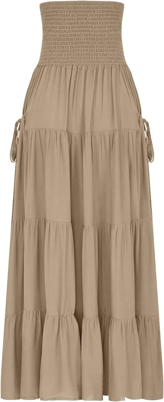 2025 Summer Womens Boho Maxi Skirts Casual Loose Pleated Long Skirts with Pockets Fashion Stretch Ruffle A Line Skirt