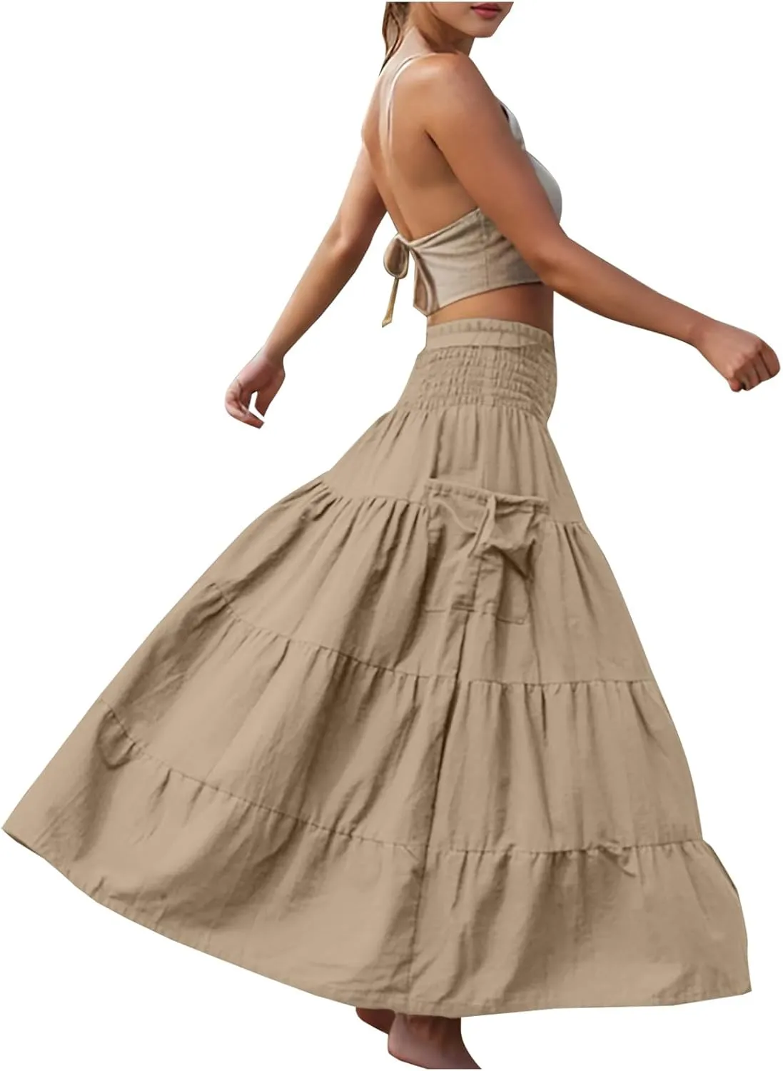 2025 Summer Womens Boho Maxi Skirts Casual Loose Pleated Long Skirts with Pockets Fashion Stretch Ruffle A Line Skirt
