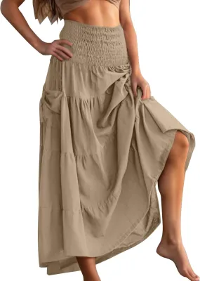 2025 Summer Womens Boho Maxi Skirts Casual Loose Pleated Long Skirts with Pockets Fashion Stretch Ruffle A Line Skirt