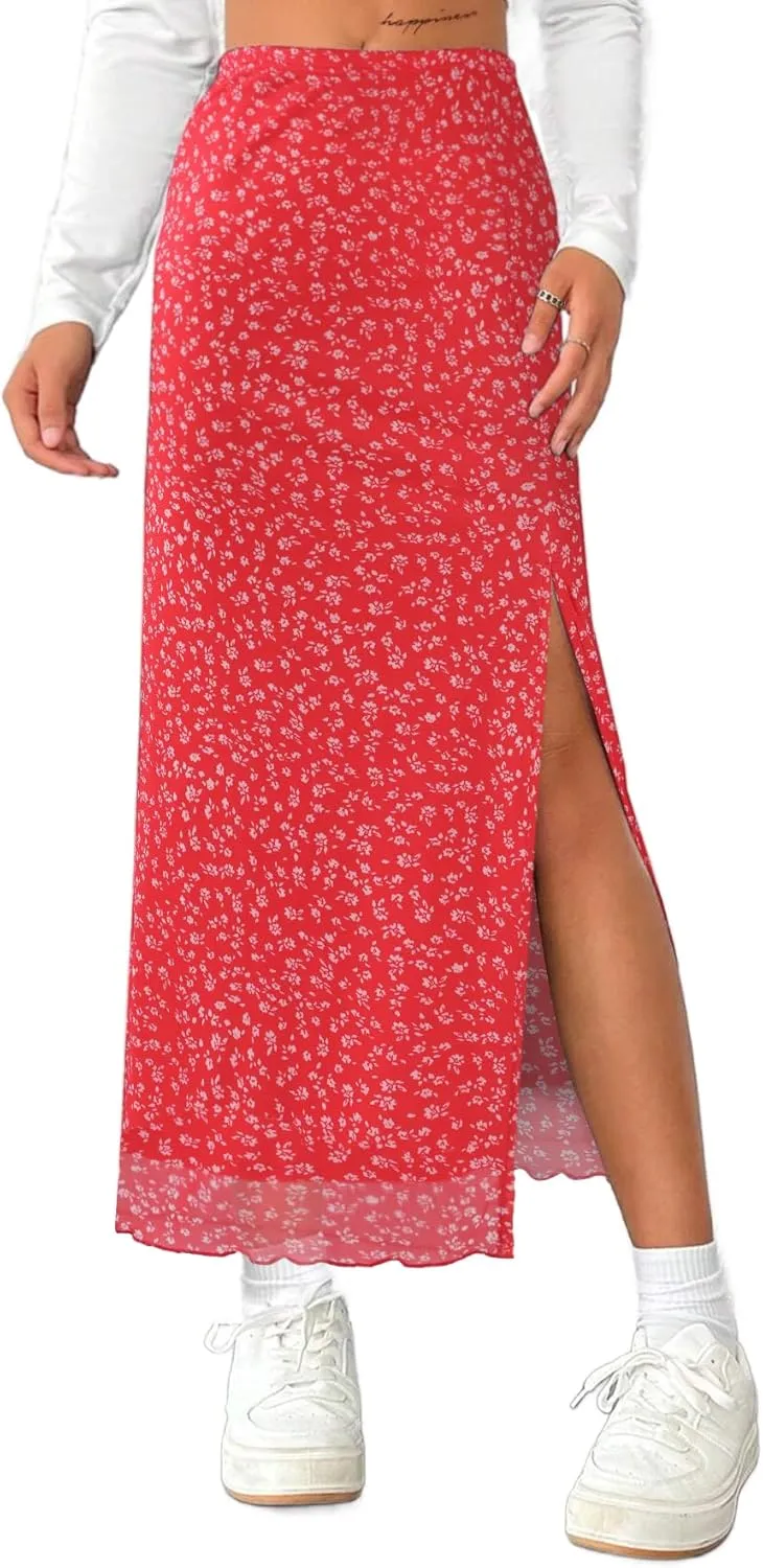 Avanova Women's Mesh Slit Split Long Skirts High Waisted Sexy Summer Maxi Skirts