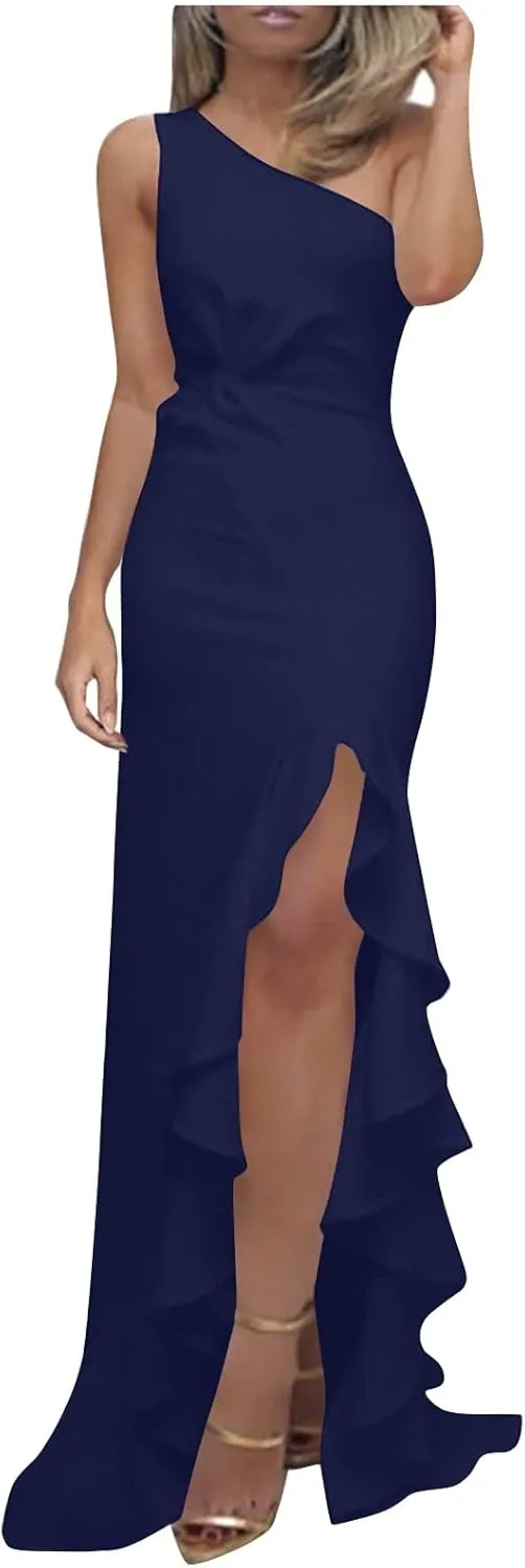 BAXLIMEK Formal Dresses for Women,2025 Elegant Bodycon One Shoulder Cocktail Dress,Trendy High Slit Flowy Hem Party Dress