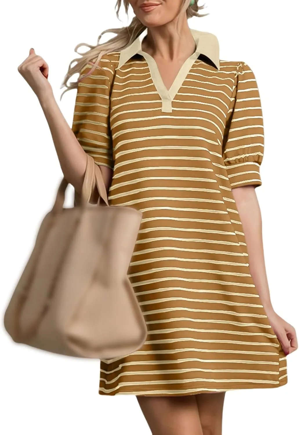 Casual Mini Dress for Women Summer Trendy Striped Lapel V Neck Puff Short Sleeve Dresses Loose Fit A Line Dress 2025