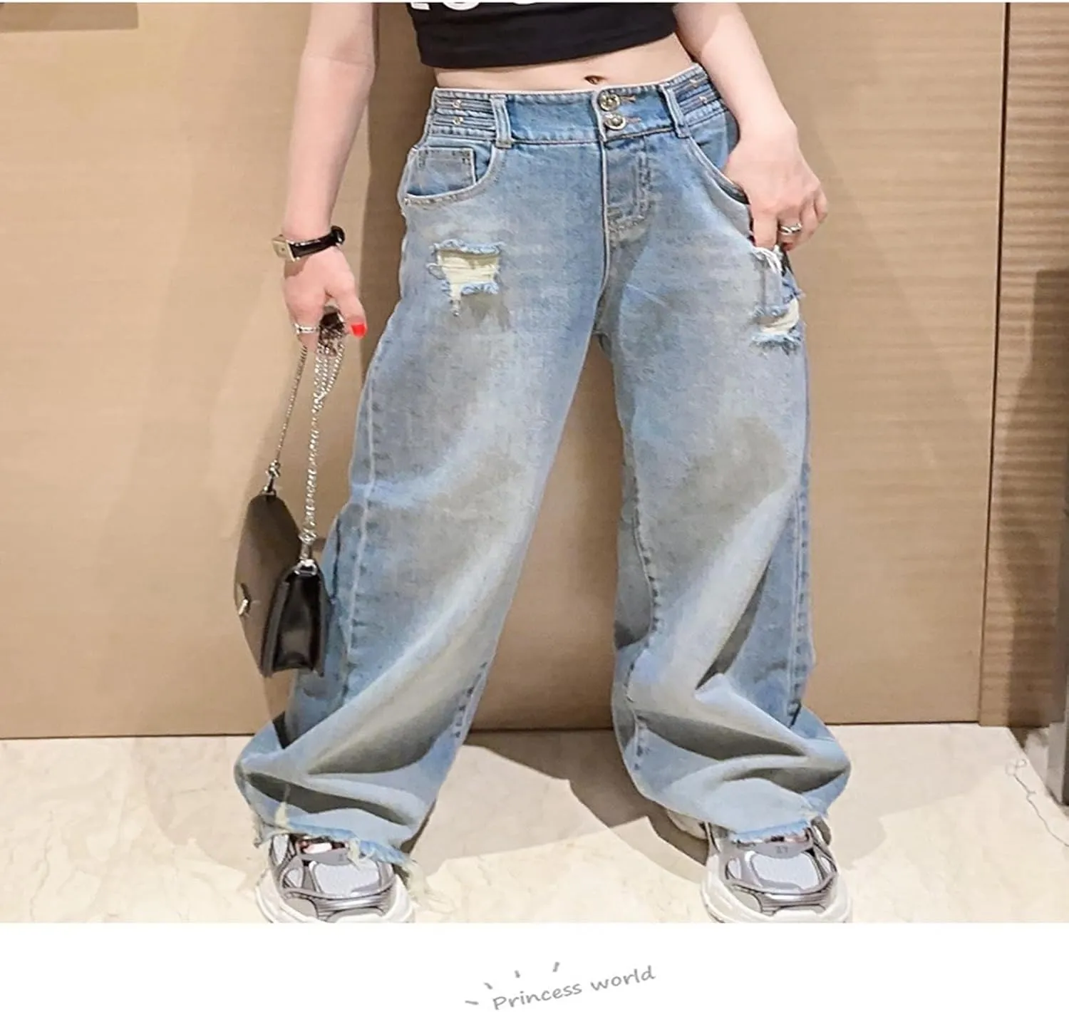 Children Kids Casual Ripped Jeans Wide Straight Leg Elastic Mid Waisted Baggy Trousers Summer Fashion Trendy Denim Pants