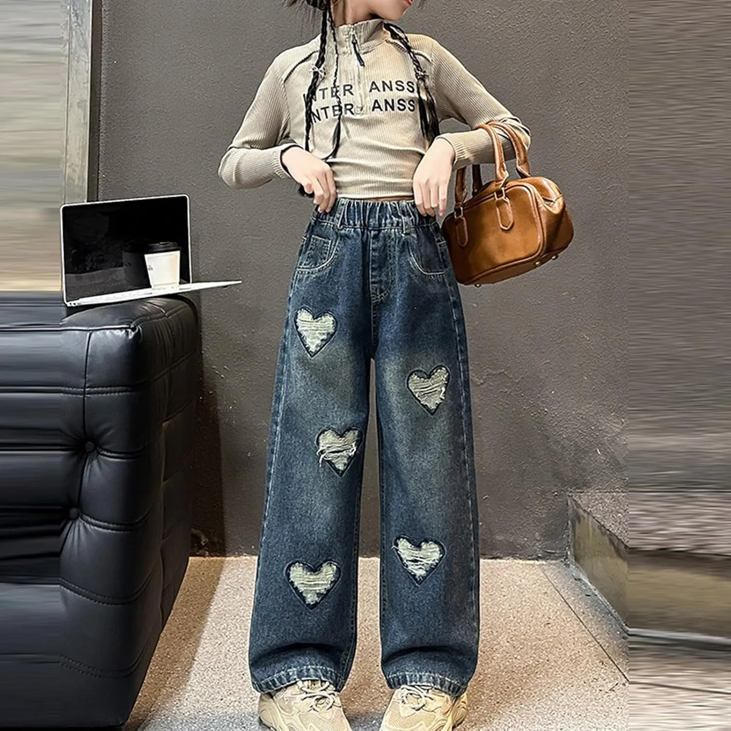 Children Kids Casual Ripped Jeans Wide Straight Leg Elastic Mid Waisted Baggy Trousers Summer Fashion Trendy Denim Pants