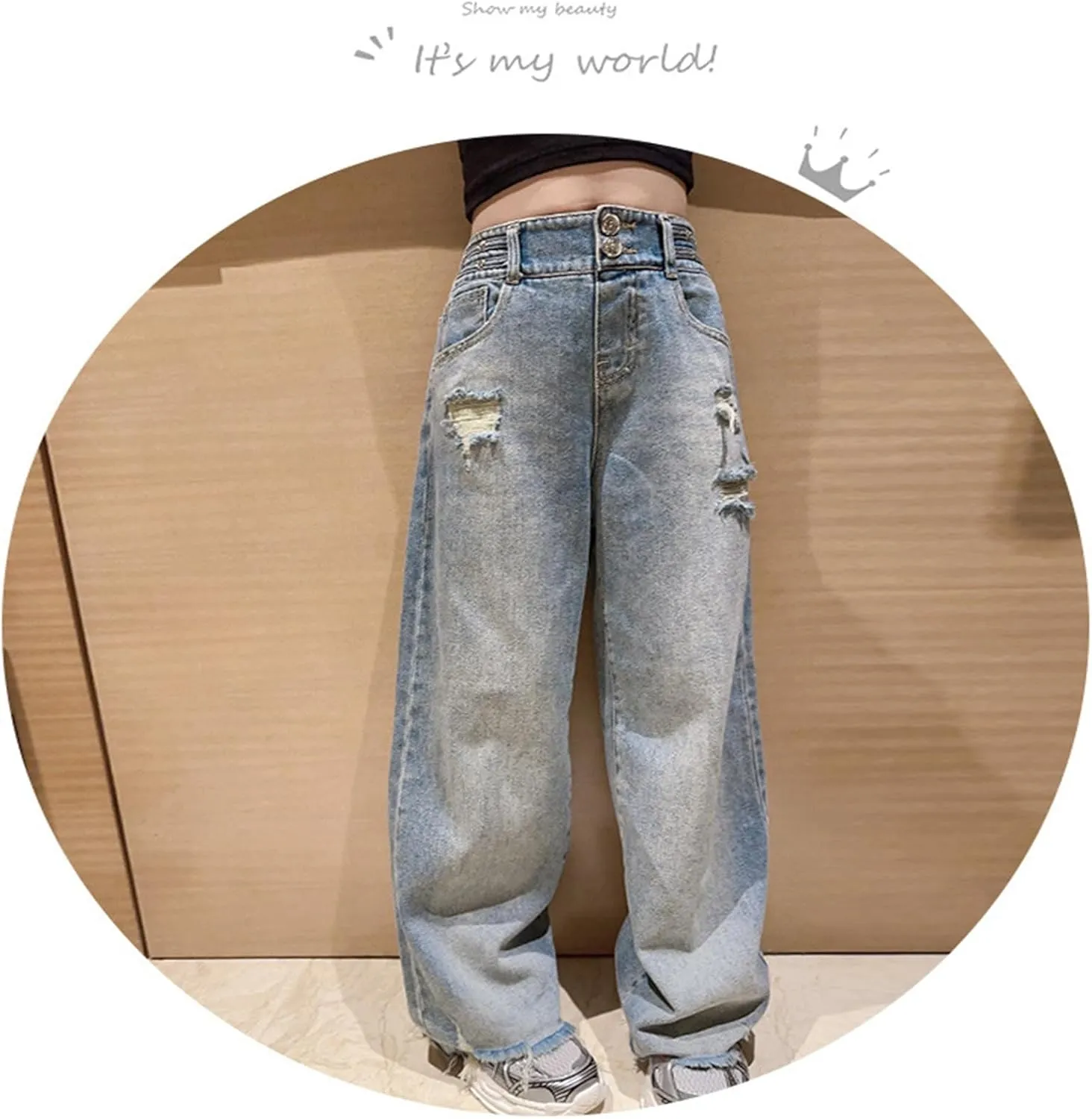 Children Kids Casual Ripped Jeans Wide Straight Leg Elastic Mid Waisted Baggy Trousers Summer Fashion Trendy Denim Pants
