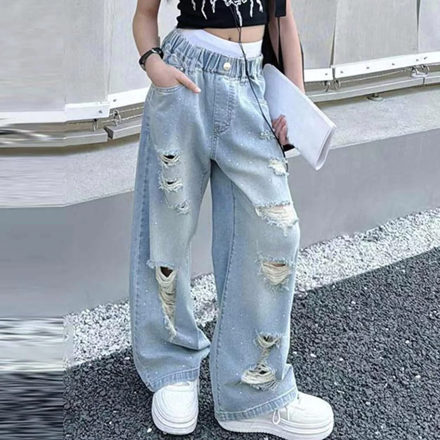 Children Kids Casual Ripped Jeans Wide Straight Leg Elastic Mid Waisted Baggy Trousers Summer Fashion Trendy Denim Pants