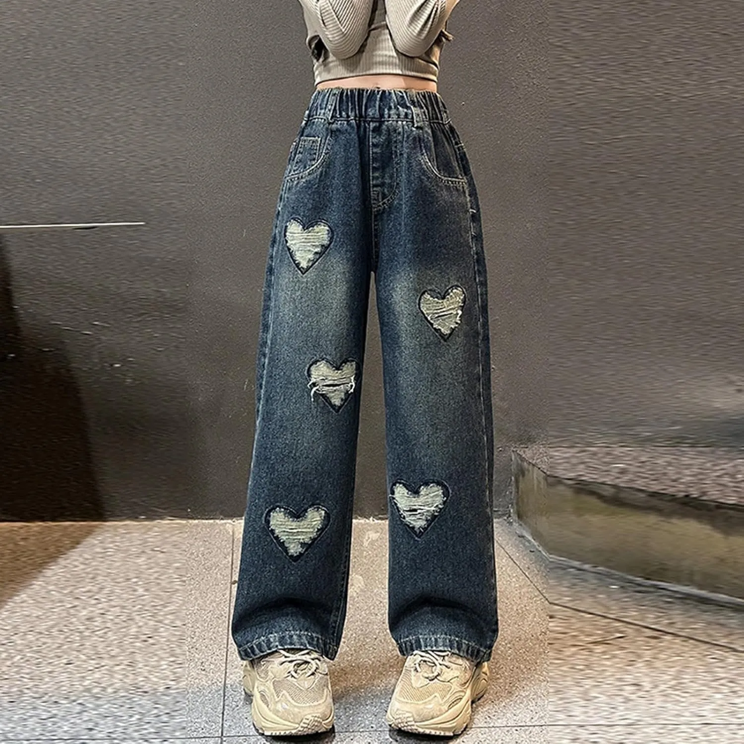 Children Kids Casual Ripped Jeans Wide Straight Leg Elastic Mid Waisted Baggy Trousers Summer Fashion Trendy Denim Pants