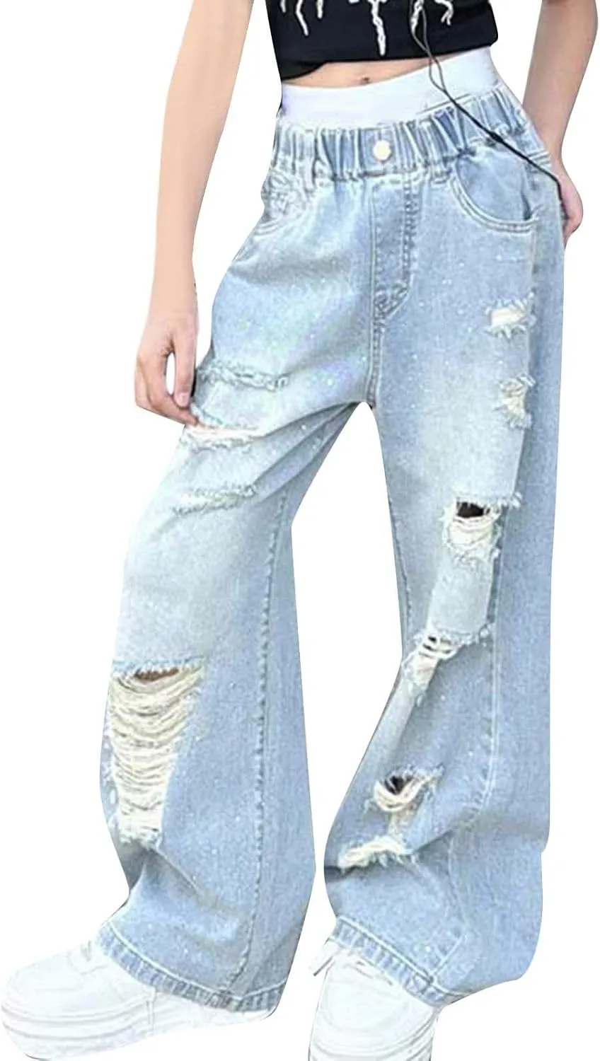 Children Kids Casual Ripped Jeans Wide Straight Leg Elastic Mid Waisted Baggy Trousers Summer Fashion Trendy Denim Pants