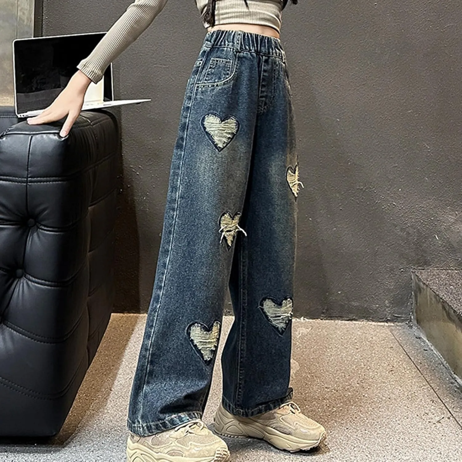 Children Kids Casual Ripped Jeans Wide Straight Leg Elastic Mid Waisted Baggy Trousers Summer Fashion Trendy Denim Pants