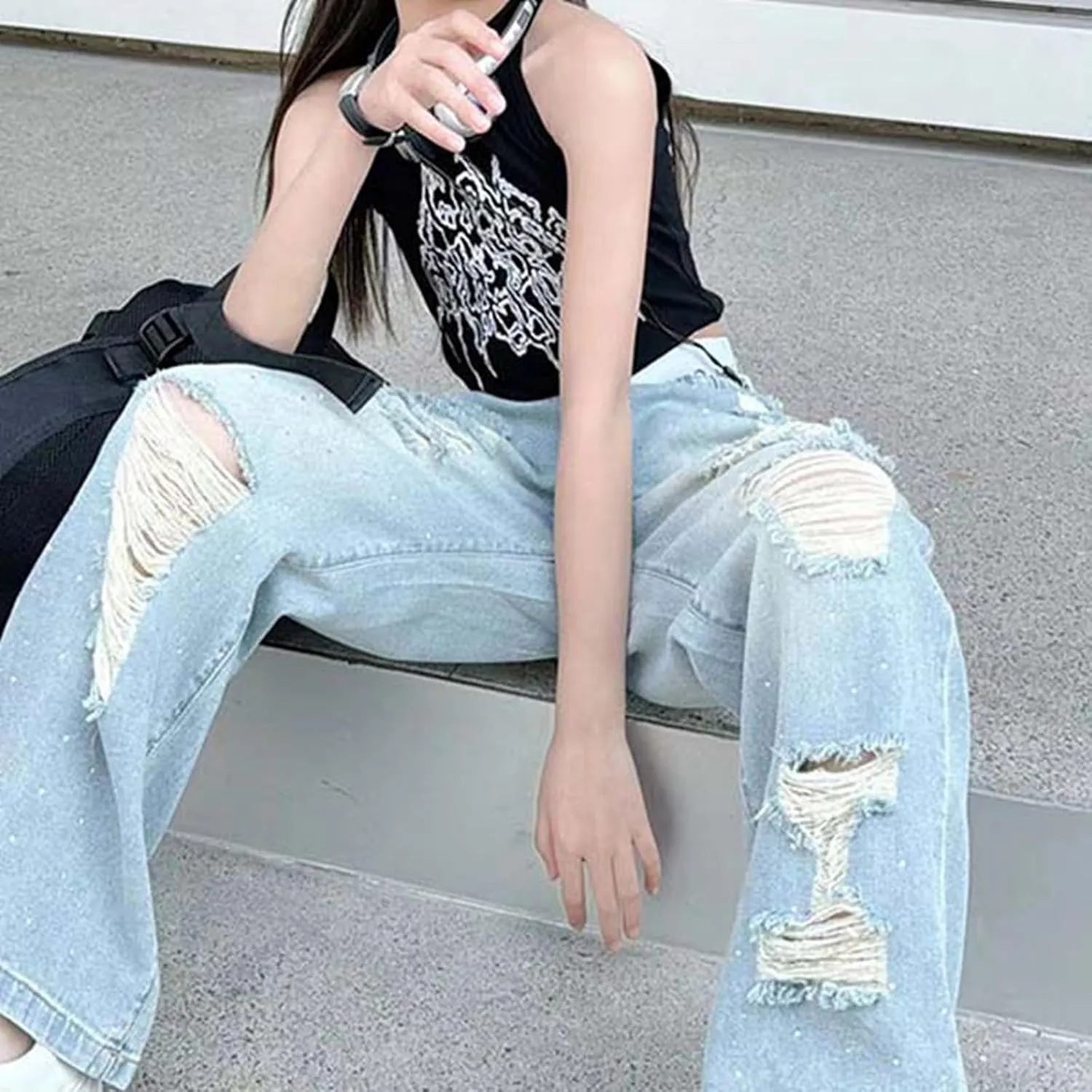 Children Kids Casual Ripped Jeans Wide Straight Leg Elastic Mid Waisted Baggy Trousers Summer Fashion Trendy Denim Pants