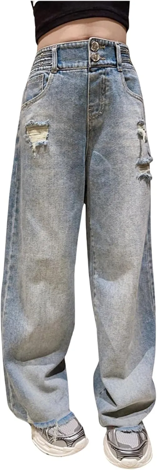 Children Kids Casual Ripped Jeans Wide Straight Leg Elastic Mid Waisted Baggy Trousers Summer Fashion Trendy Denim Pants