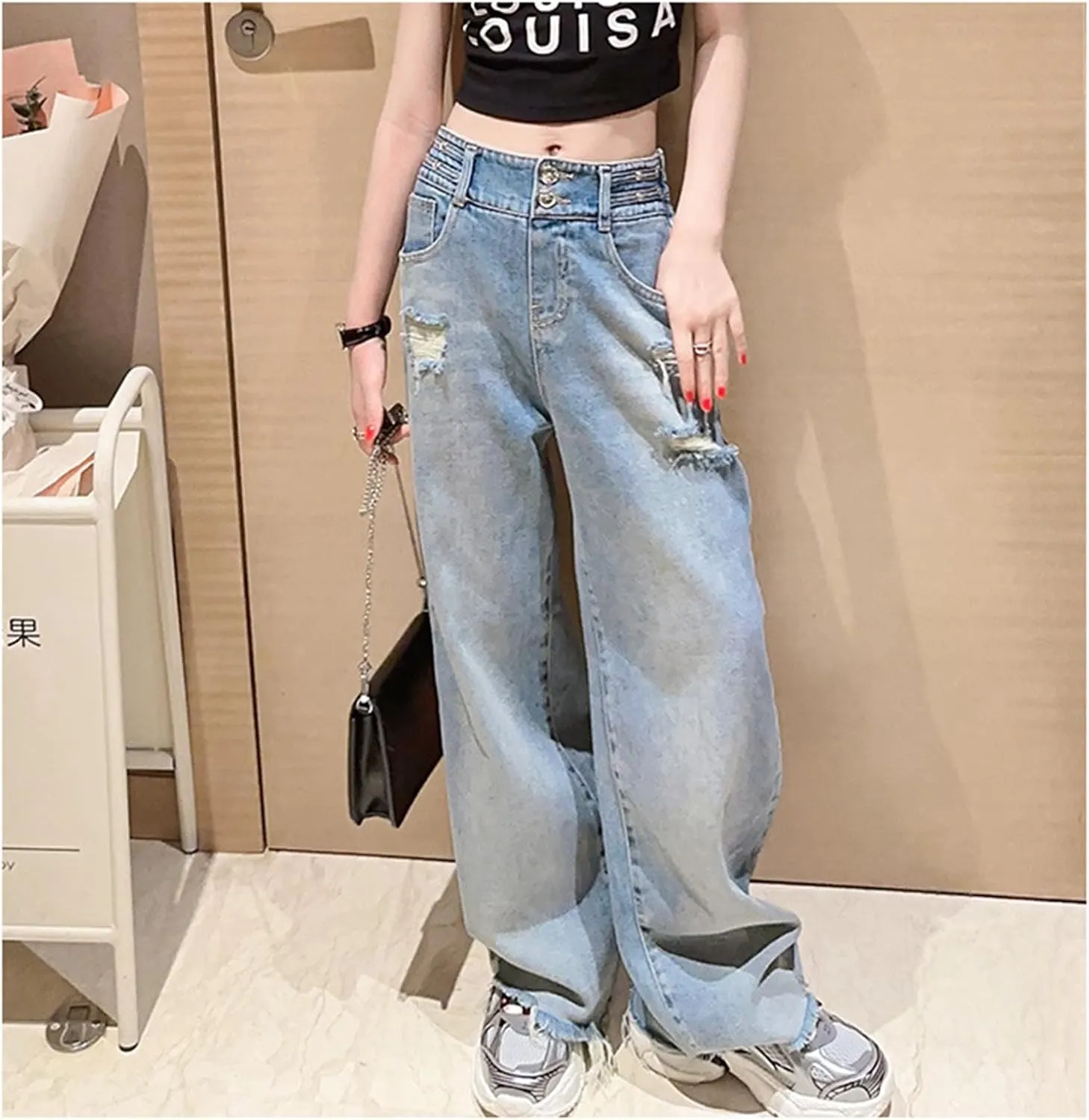 Children Kids Casual Ripped Jeans Wide Straight Leg Elastic Mid Waisted Baggy Trousers Summer Fashion Trendy Denim Pants