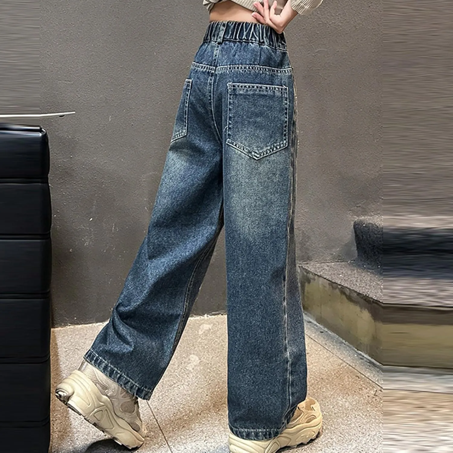 Children Kids Casual Ripped Jeans Wide Straight Leg Elastic Mid Waisted Baggy Trousers Summer Fashion Trendy Denim Pants