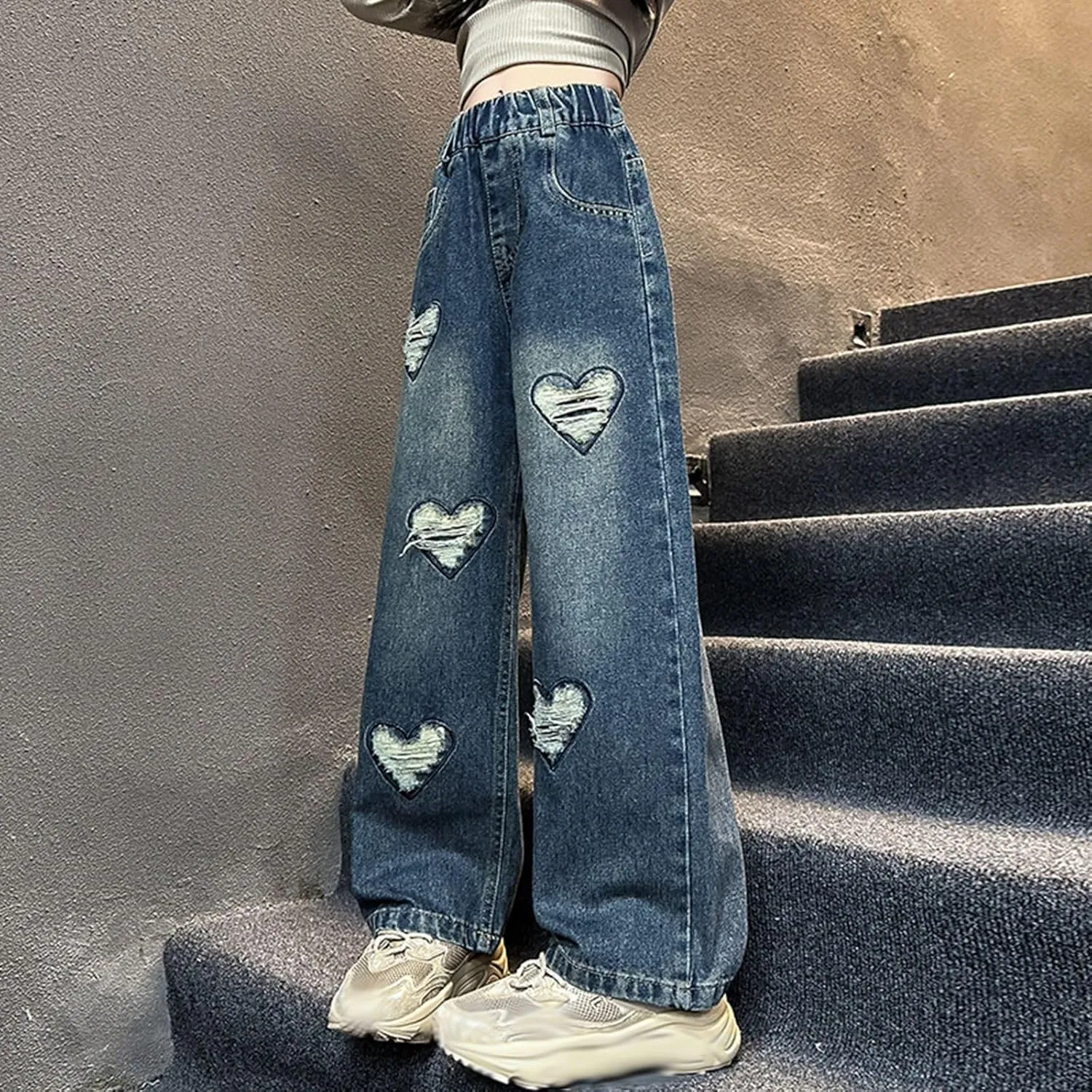 Children Kids Casual Ripped Jeans Wide Straight Leg Elastic Mid Waisted Baggy Trousers Summer Fashion Trendy Denim Pants