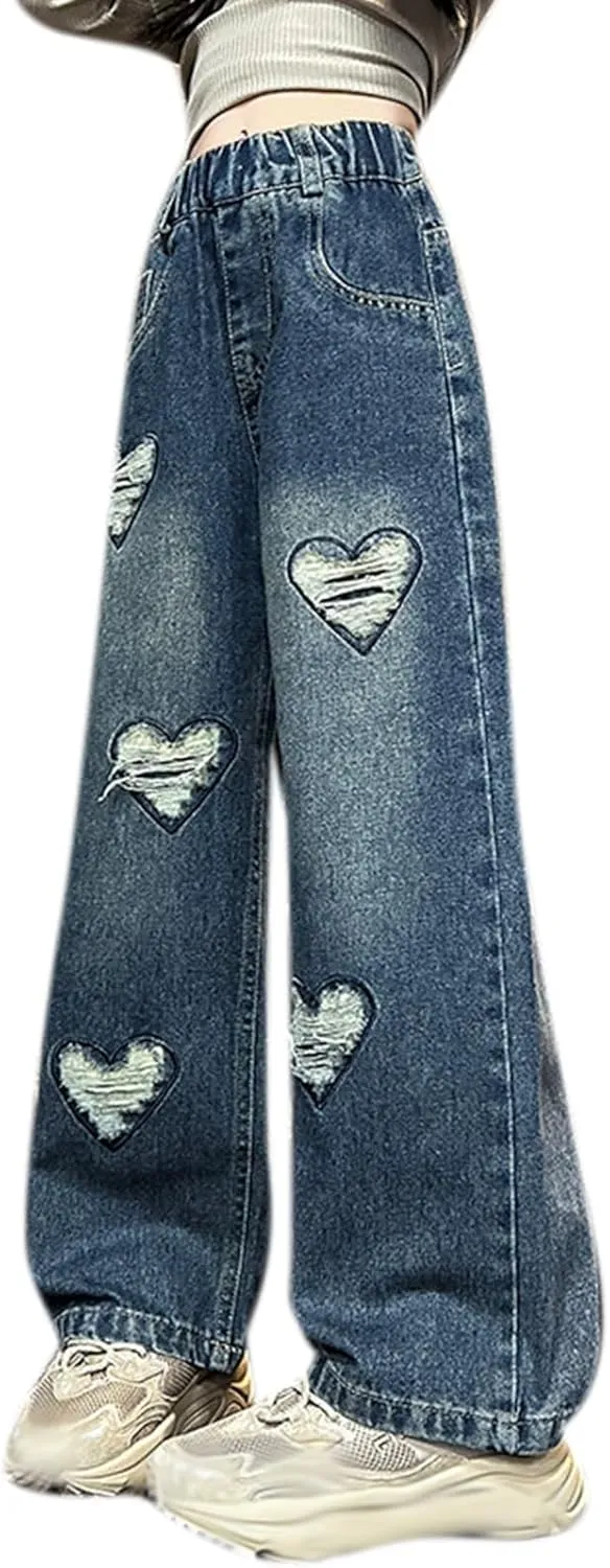 Children Kids Casual Ripped Jeans Wide Straight Leg Elastic Mid Waisted Baggy Trousers Summer Fashion Trendy Denim Pants