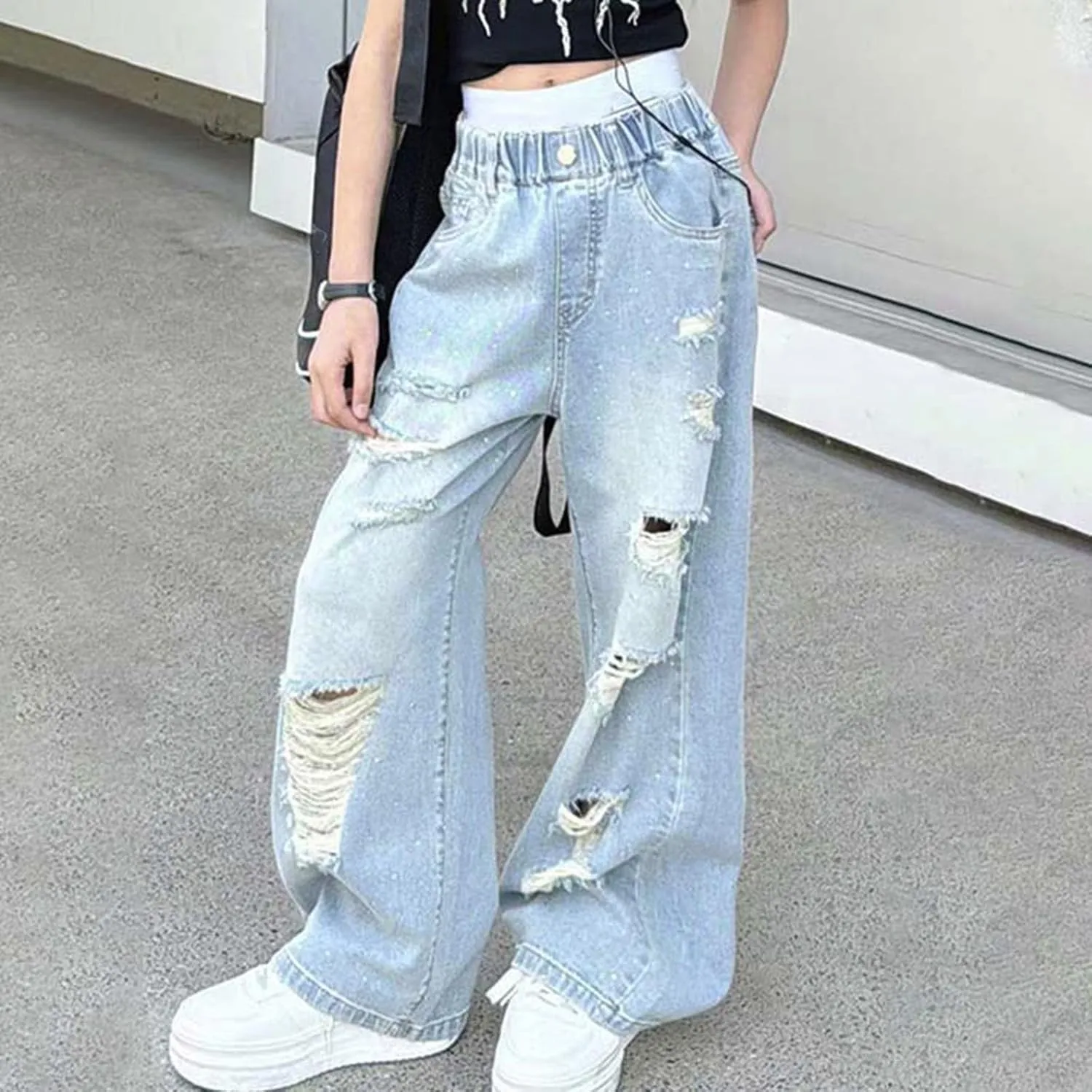 Children Kids Casual Ripped Jeans Wide Straight Leg Elastic Mid Waisted Baggy Trousers Summer Fashion Trendy Denim Pants