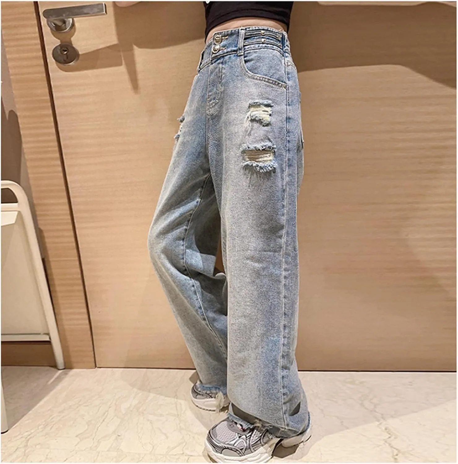 Children Kids Casual Ripped Jeans Wide Straight Leg Elastic Mid Waisted Baggy Trousers Summer Fashion Trendy Denim Pants