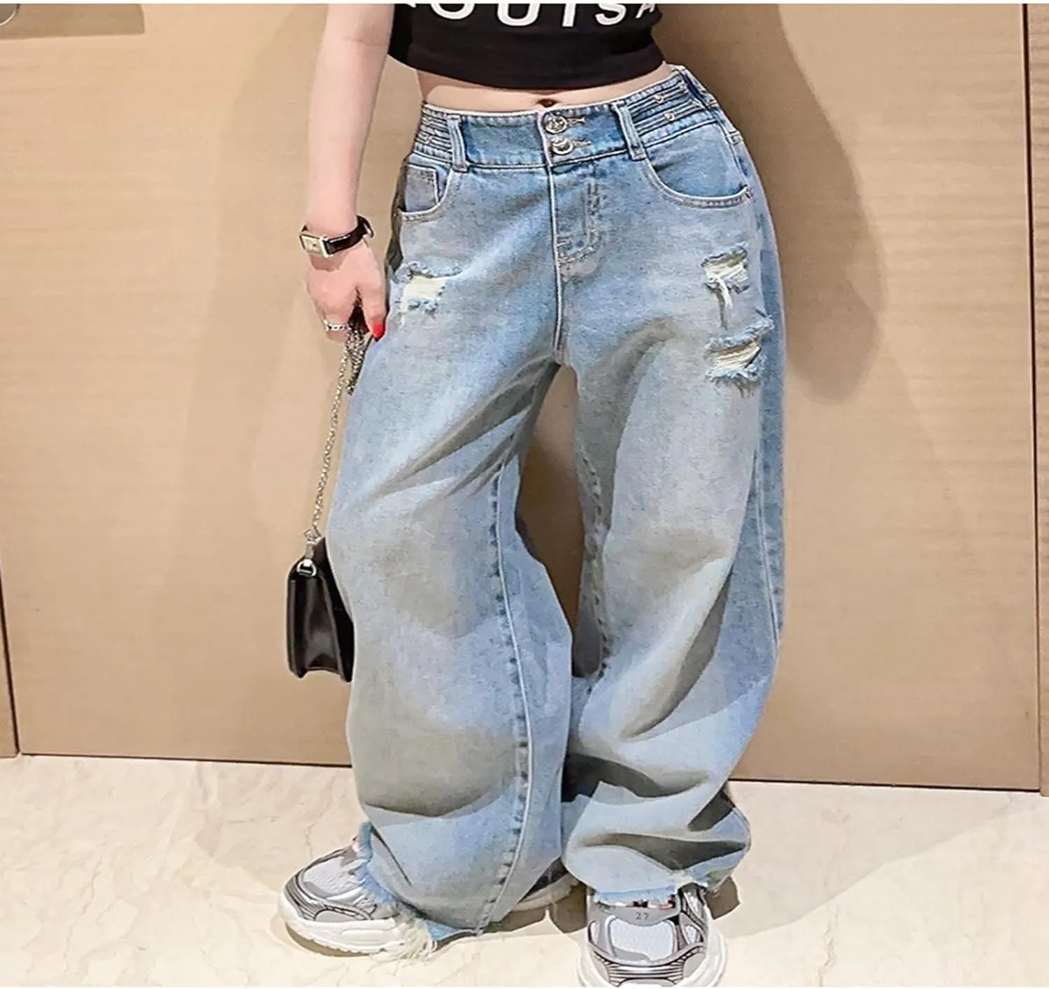 Children Kids Casual Ripped Jeans Wide Straight Leg Elastic Mid Waisted Baggy Trousers Summer Fashion Trendy Denim Pants