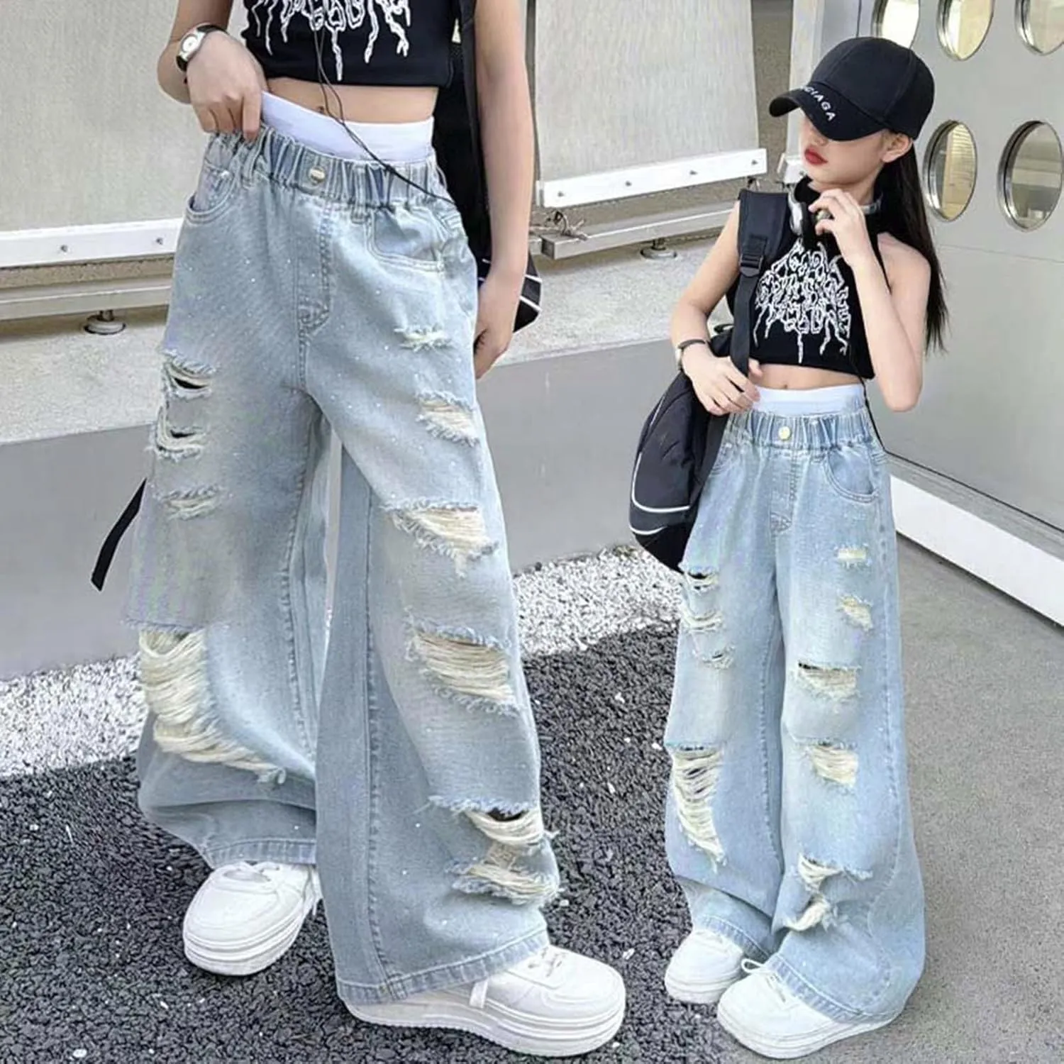 Children Kids Casual Ripped Jeans Wide Straight Leg Elastic Mid Waisted Baggy Trousers Summer Fashion Trendy Denim Pants