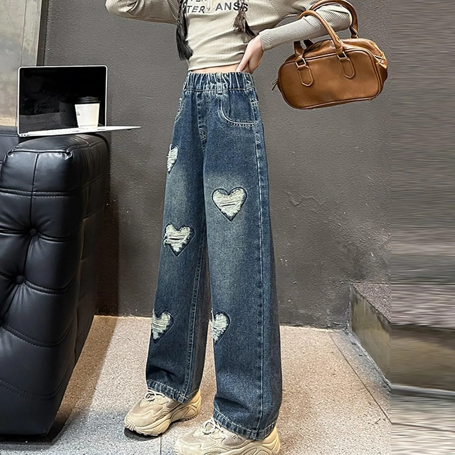 Children Kids Casual Ripped Jeans Wide Straight Leg Elastic Mid Waisted Baggy Trousers Summer Fashion Trendy Denim Pants