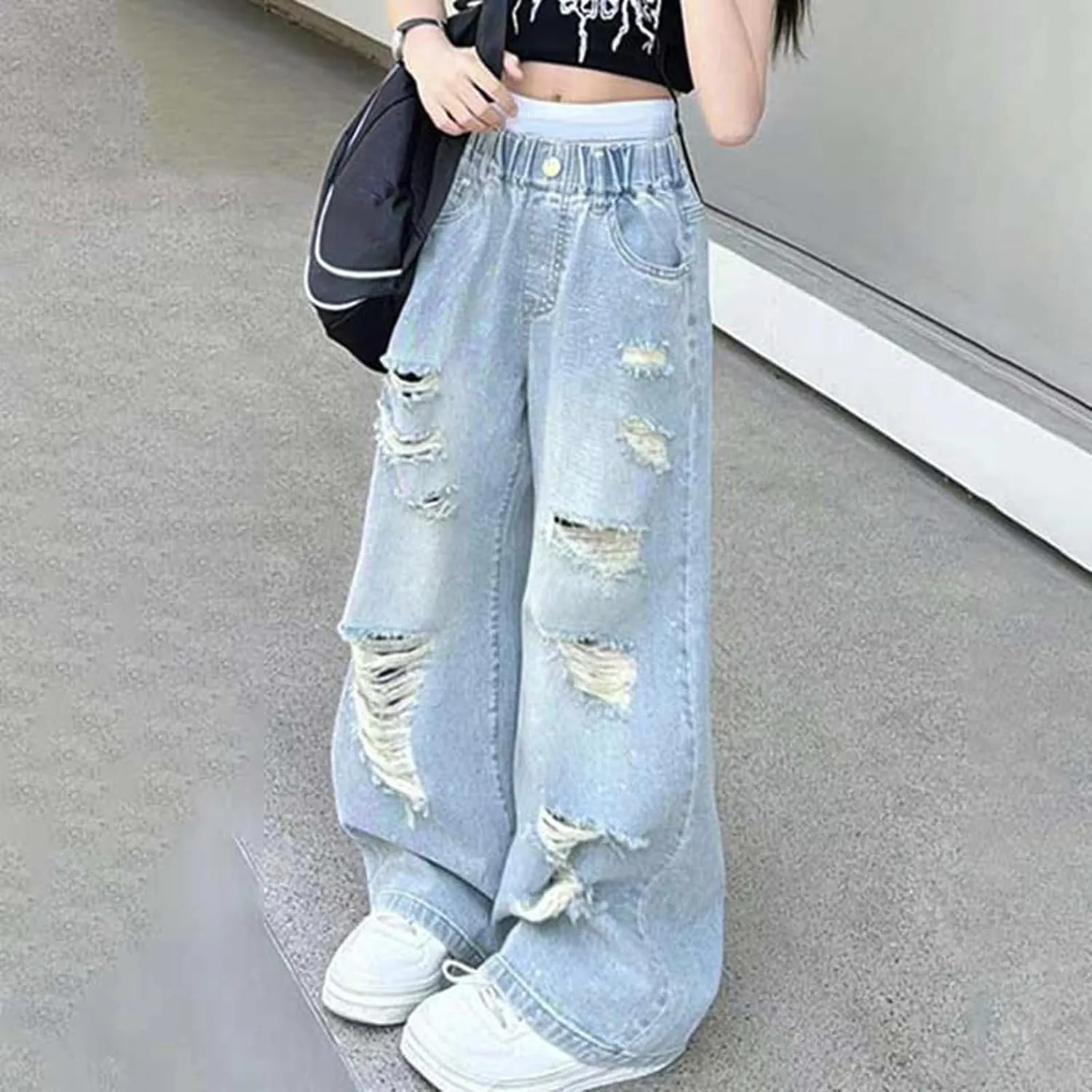 Children Kids Casual Ripped Jeans Wide Straight Leg Elastic Mid Waisted Baggy Trousers Summer Fashion Trendy Denim Pants