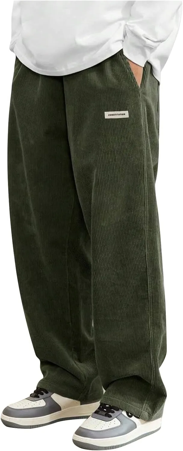 Corduroy Pants for Men Lounge Trendy Trousers Drawstring Slacks Wide Leg Fashion Streetwear