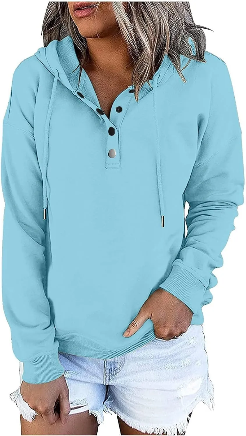 Fall Hoodies For Women Trendy 2024 Causal Long Sleeve Button Down Hooded Sweatshirt Solid Basic Pullover Tops