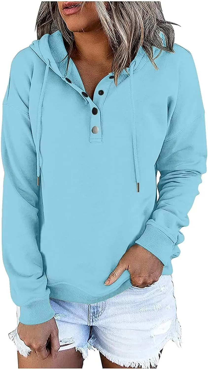 Fall Hoodies For Women Trendy 2024 Causal Long Sleeve Button Down Hooded Sweatshirt Solid Basic Pullover Tops
