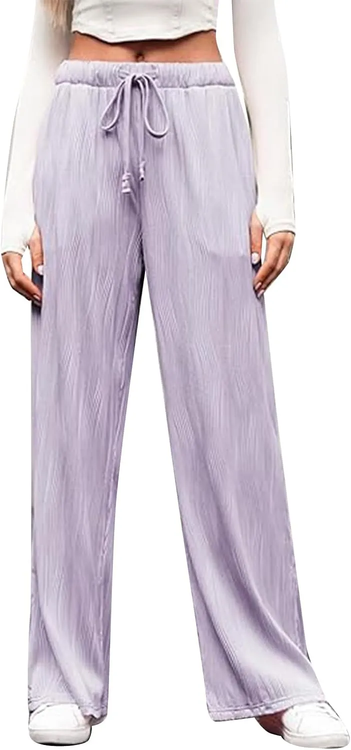FZVYD Casual Textured Pants for Women Fall 2025 Trendy Drawstring Elastic High Waist Palazzo Pants Straight Leg Trousers