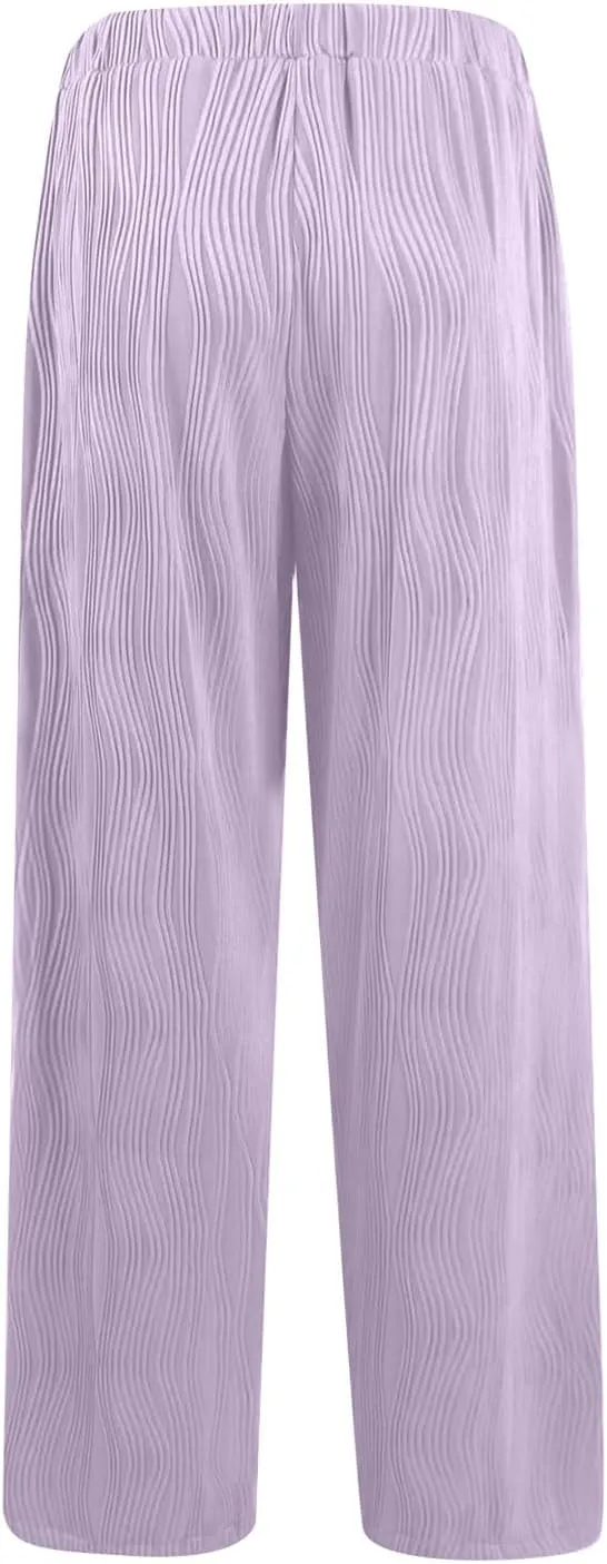 FZVYD Casual Textured Pants for Women Fall 2025 Trendy Drawstring Elastic High Waist Palazzo Pants Straight Leg Trousers