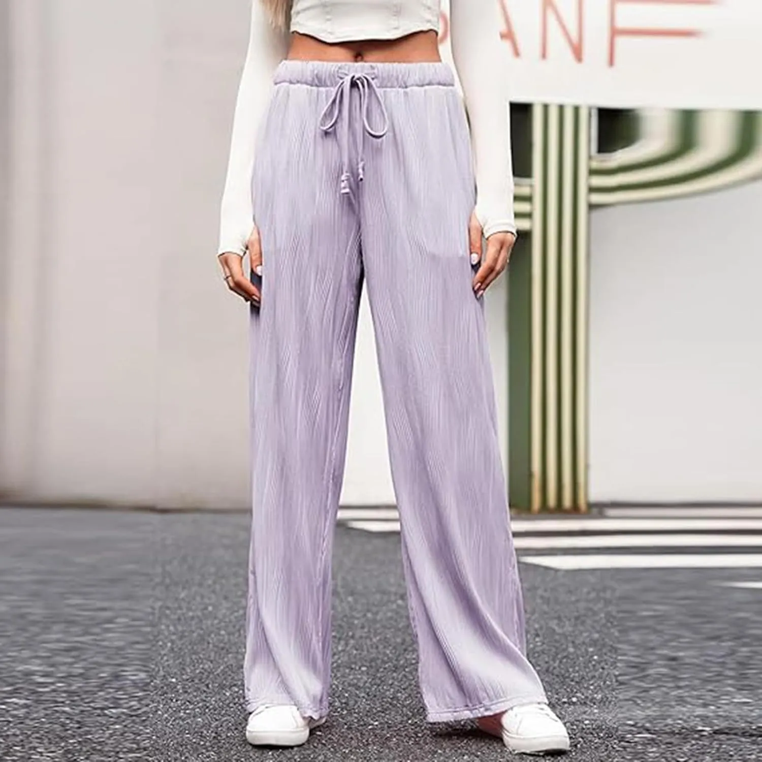 FZVYD Casual Textured Pants for Women Fall 2025 Trendy Drawstring Elastic High Waist Palazzo Pants Straight Leg Trousers
