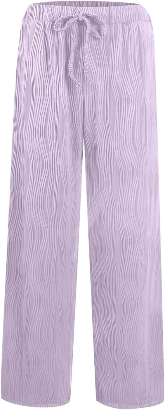 FZVYD Casual Textured Pants for Women Fall 2025 Trendy Drawstring Elastic High Waist Palazzo Pants Straight Leg Trousers