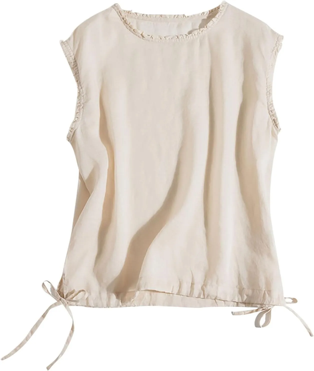 Linen Tank Women Casual Summer Solid Color Ruffle Sleeveless Shirts Vest Drawstring Outdoor Crew Neck Tank Tops 2025