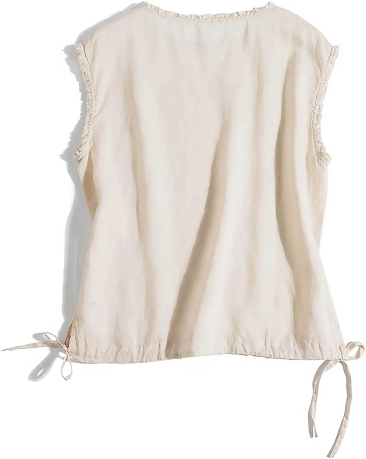 Linen Tank Women Casual Summer Solid Color Ruffle Sleeveless Shirts Vest Drawstring Outdoor Crew Neck Tank Tops 2025