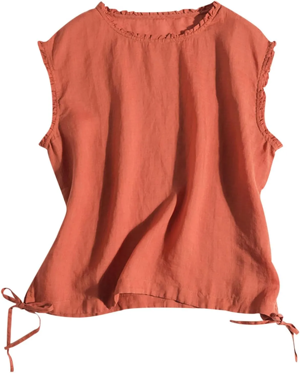 Linen Tank Women Casual Summer Solid Color Ruffle Sleeveless Shirts Vest Drawstring Outdoor Crew Neck Tank Tops 2025