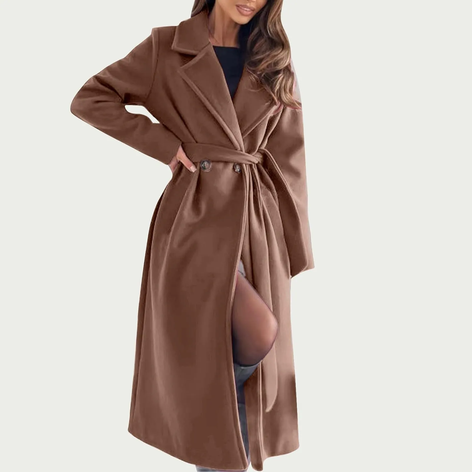 Long Wool Coat Women Winter Blend Long Overcoat Elegant Notched Lapel Collar Trench Coat Temperament Peacoat with Belt