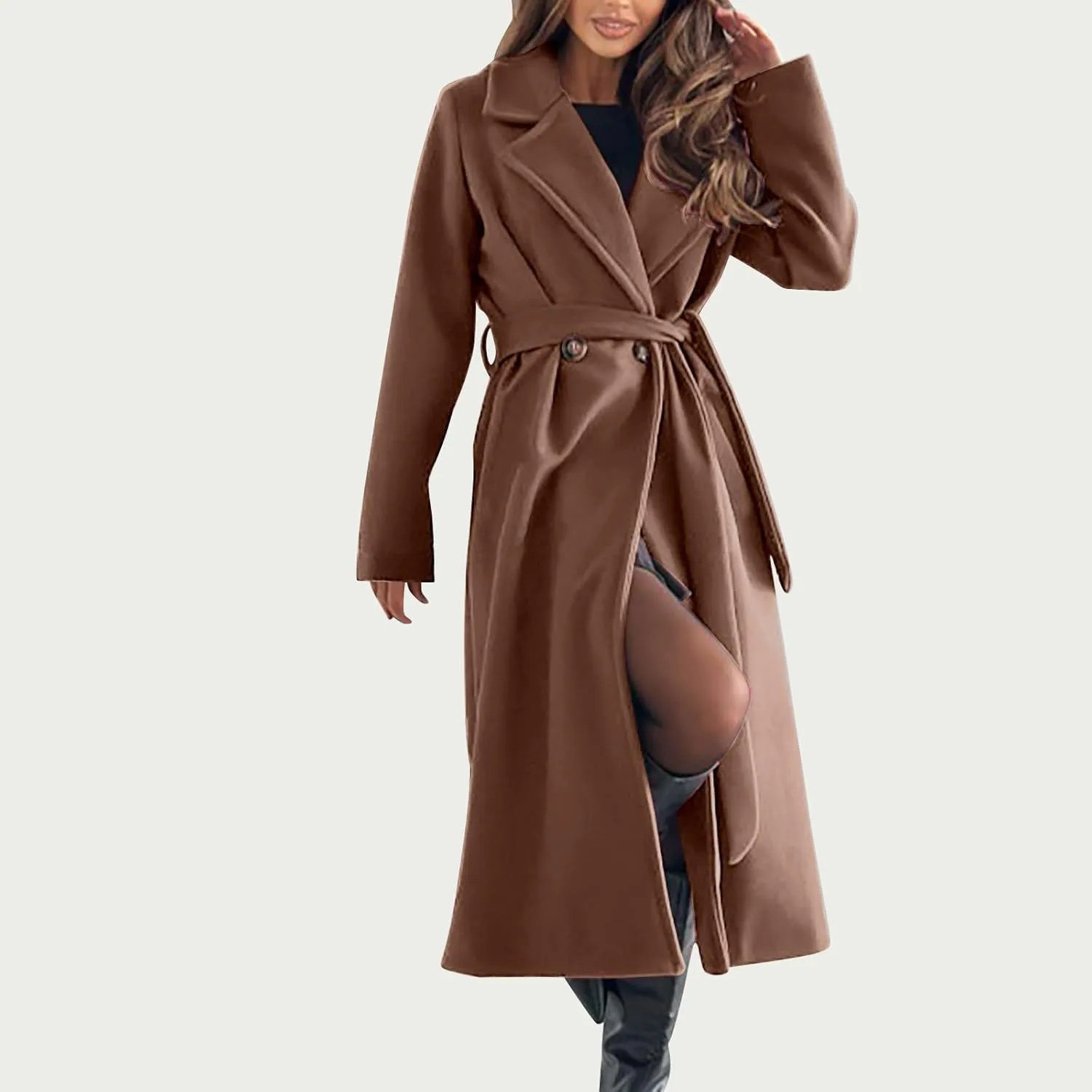 Long Wool Coat Women Winter Blend Long Overcoat Elegant Notched Lapel Collar Trench Coat Temperament Peacoat with Belt