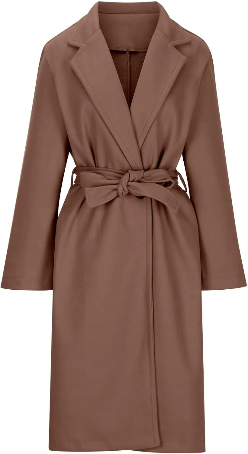 Long Wool Coat Women Winter Blend Long Overcoat Elegant Notched Lapel Collar Trench Coat Temperament Peacoat with Belt