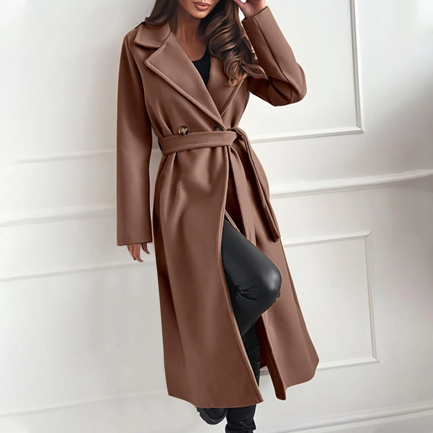 Long Wool Coat Women Winter Blend Long Overcoat Elegant Notched Lapel Collar Trench Coat Temperament Peacoat with Belt
