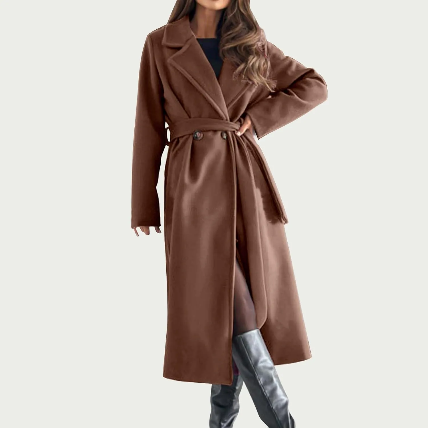 Long Wool Coat Women Winter Blend Long Overcoat Elegant Notched Lapel Collar Trench Coat Temperament Peacoat with Belt