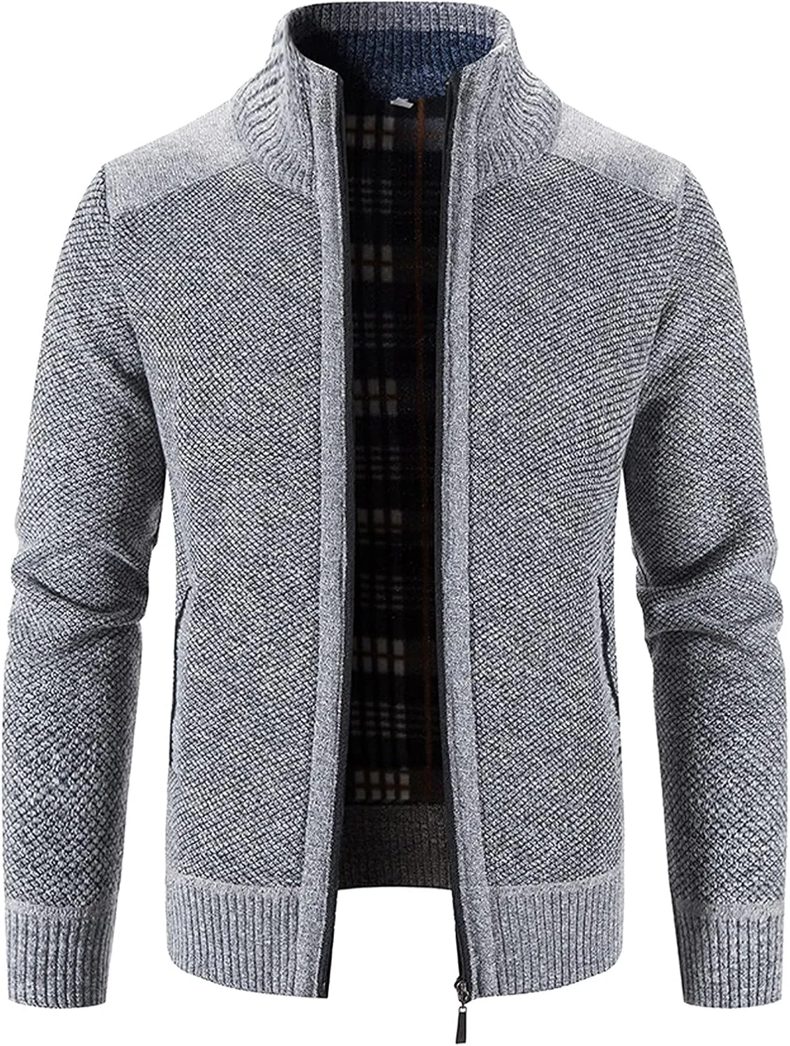 Men's Fleece Sweater Cardigan Jacket Full Zip Regular Fit Stand Collar Jackets Casual Business Plus Size Outwear with Pockets