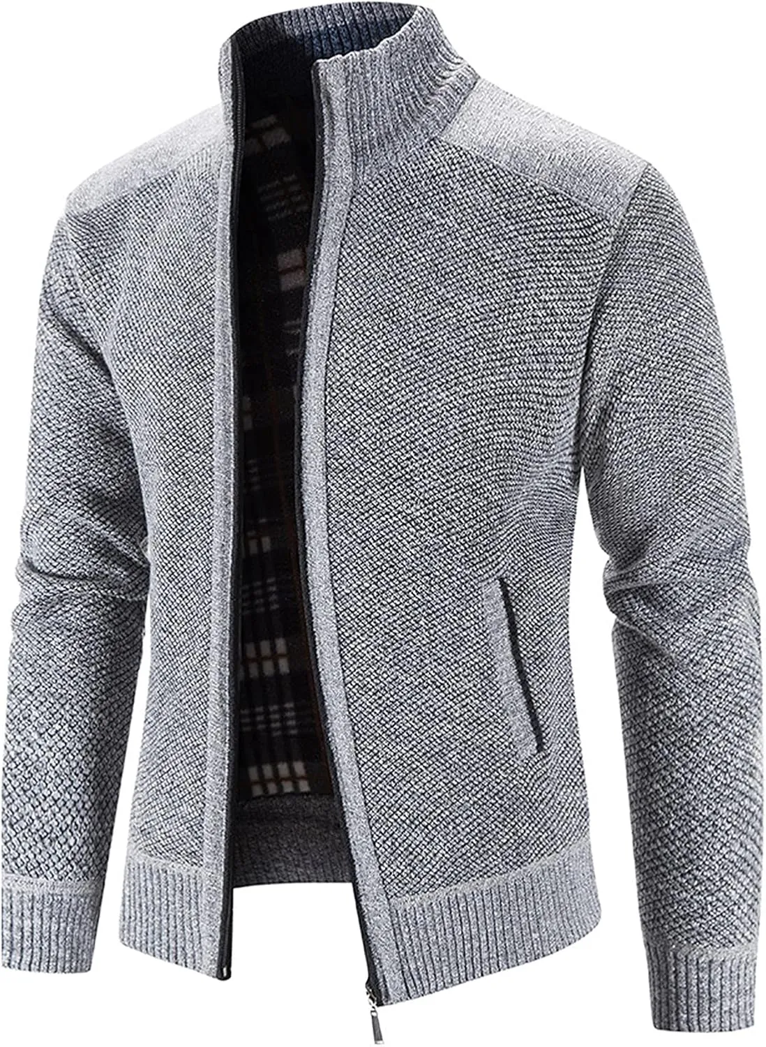 Men's Fleece Sweater Cardigan Jacket Full Zip Regular Fit Stand Collar Jackets Casual Business Plus Size Outwear with Pockets