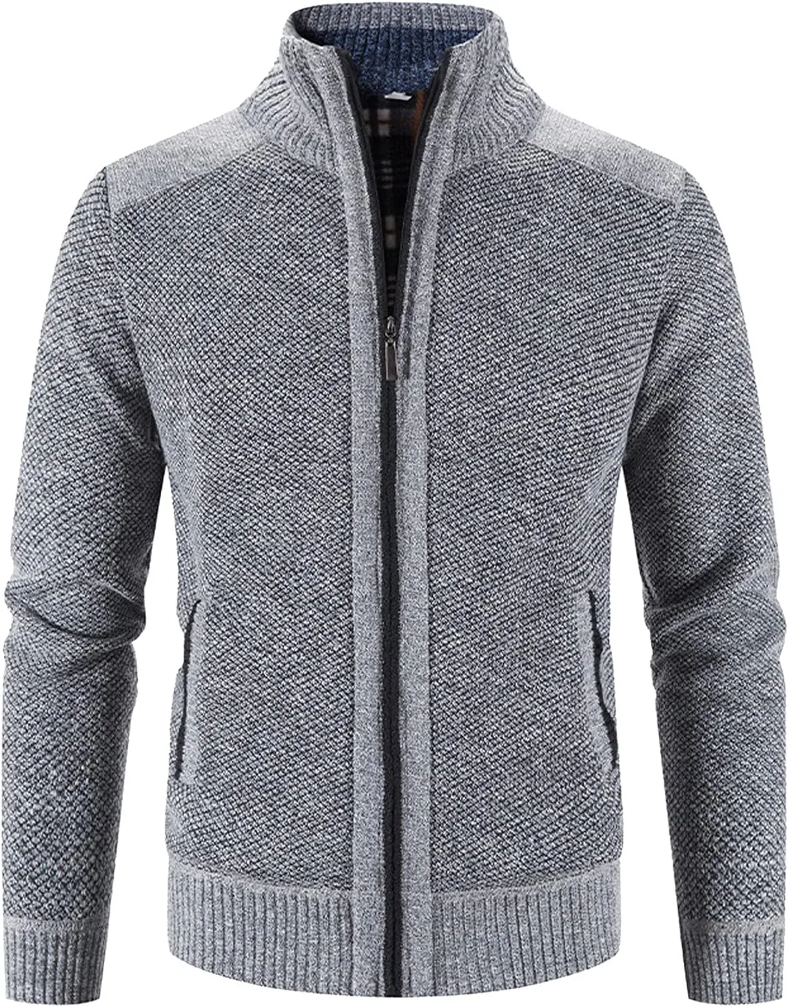 Men's Fleece Sweater Cardigan Jacket Full Zip Regular Fit Stand Collar Jackets Casual Business Plus Size Outwear with Pockets