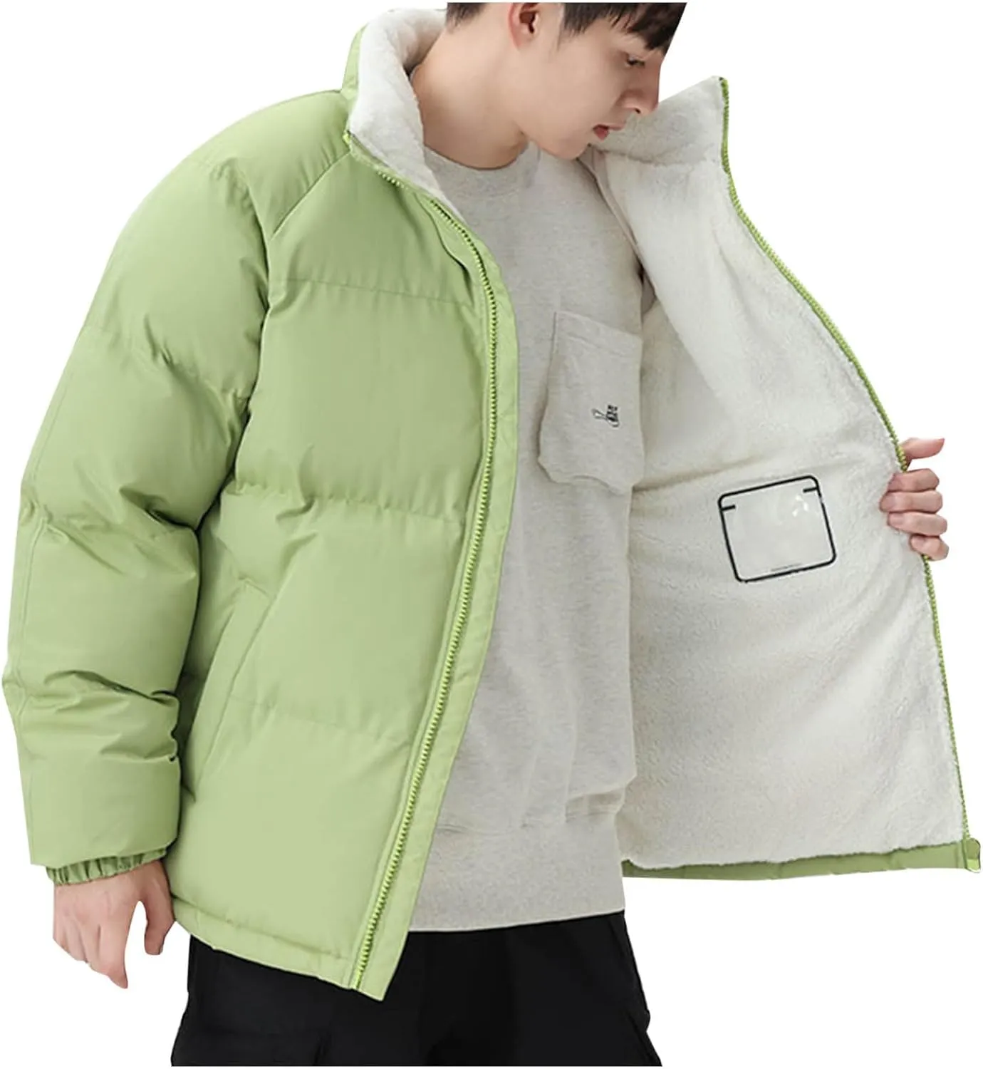 Mens Puffer Jacket Fleece Lined Down Coat Stand Collar Quilted Jacket Padded Insulated Coat Plus Size Winter Jacket