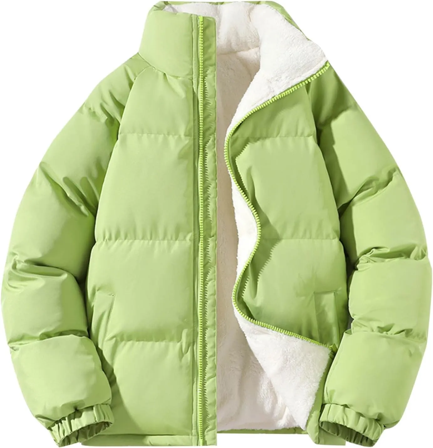Mens Puffer Jacket Fleece Lined Down Coat Stand Collar Quilted Jacket Padded Insulated Coat Plus Size Winter Jacket