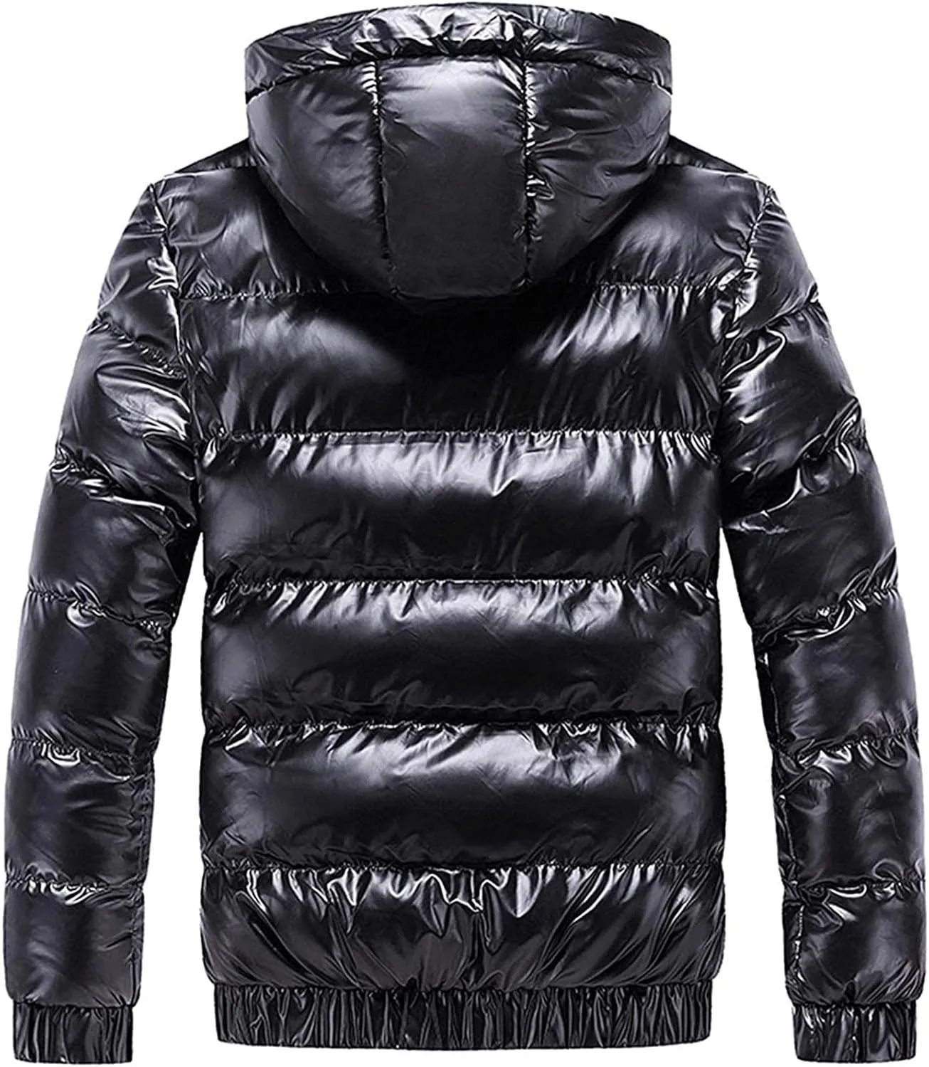 Mens Shiny Puffer Jacket Hooded Down Quilted Insulated Jacket Zip up Padded Coat Glossy Winter Coat Warm Outwear
