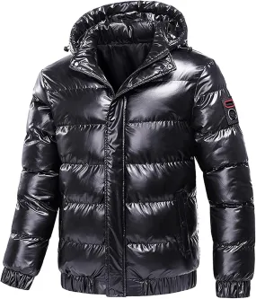 Mens Shiny Puffer Jacket Hooded Down Quilted Insulated Jacket Zip up Padded Coat Glossy Winter Coat Warm Outwear